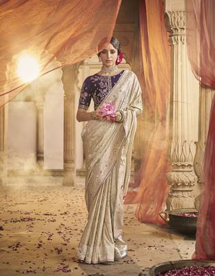 Cream Designer Weaving Satin silk blend Saree With Designer Blouse 1