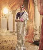 Cream Designer Weaving Satin silk blend Saree With Designer Blouse