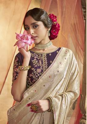 Cream Designer Weaving Satin silk blend Saree With Designer Blouse 2