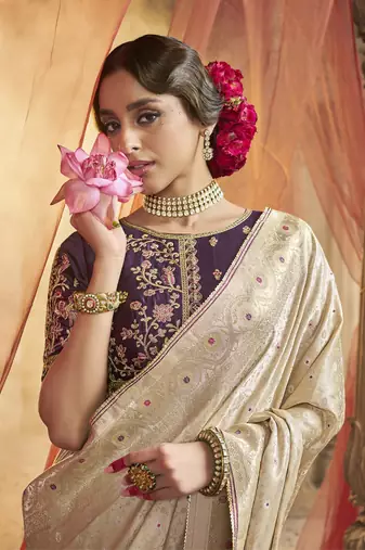 Cream Designer Weaving Satin silk blend Saree With Designer Blouse