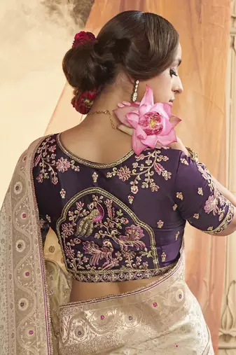 Cream Designer Weaving Satin silk blend Saree With Designer Blouse