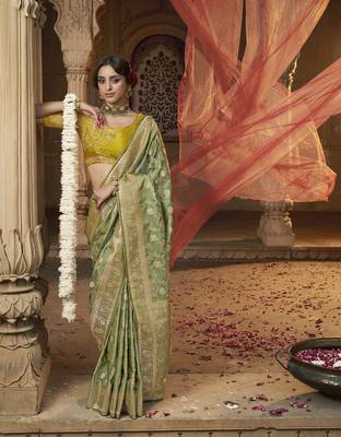 Mehendi Designer Weaving Satin silk blend Saree With Designer Blouse 1