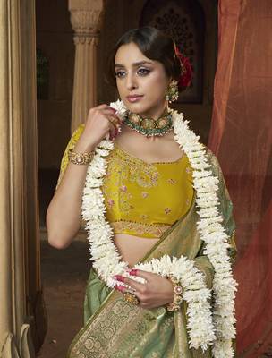 Mehendi Designer Weaving Satin silk blend Saree With Designer Blouse 2
