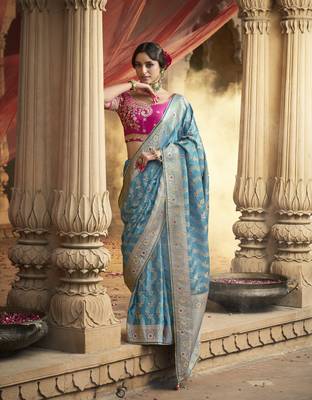 Blue Designer Weaving Satin silk blend Saree With Designer Blouse 1