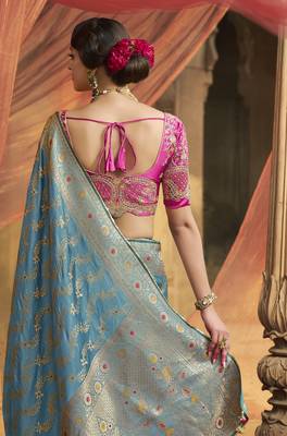 Blue Designer Weaving Satin silk blend Saree With Designer Blouse 3