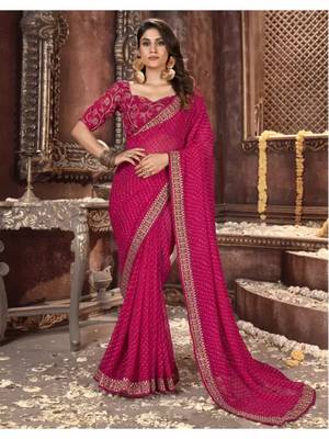 Magenta Georgette Bandhej Printed Sari,Saree With Unstitched Blouse Piece 1