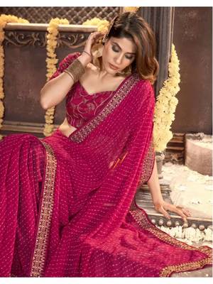 Magenta Georgette Bandhej Printed Sari,Saree With Unstitched Blouse Piece 2