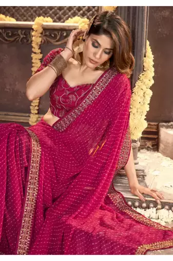Magenta Georgette Bandhej Printed Sari,Saree With Unstitched Blouse Piece