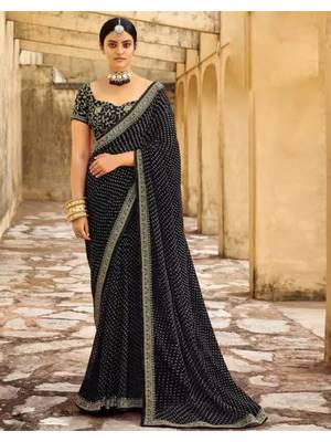 Black Georgette Bandhej Printed Sari,Saree With Unstitched Blouse Piece 1