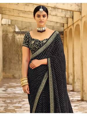 Black Georgette Bandhej Printed Sari,Saree With Unstitched Blouse Piece 2