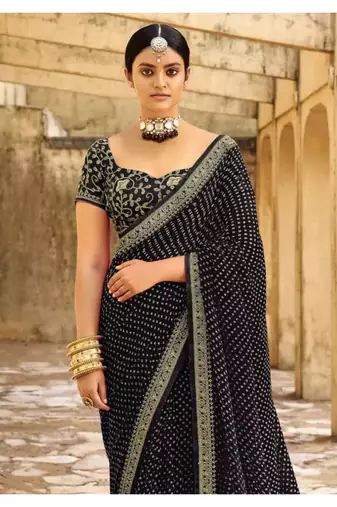 Black Georgette Bandhej Printed Sari,Saree With Unstitched Blouse Piece