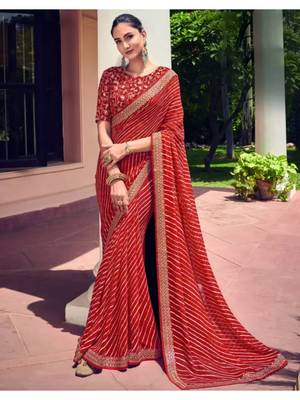 Red Georgette Lehariya Printed Sari,Saree With Unstitched Blouse Piece 1