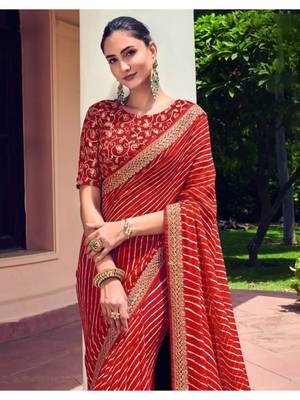 Red Georgette Lehariya Printed Sari,Saree With Unstitched Blouse Piece 2