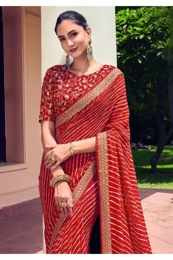 Red Georgette Lehariya Printed Sari,Saree With Unstitched Blouse Piece
