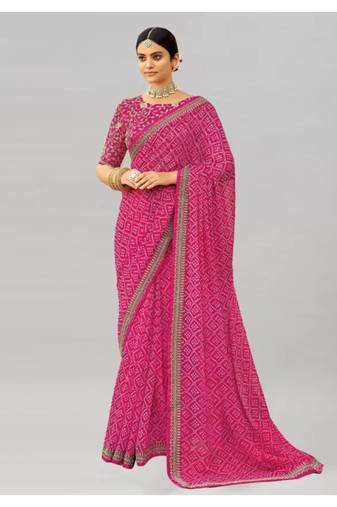 Pink Georgette Bandhej Printed Sari,Saree With Unstitched Blouse Piece