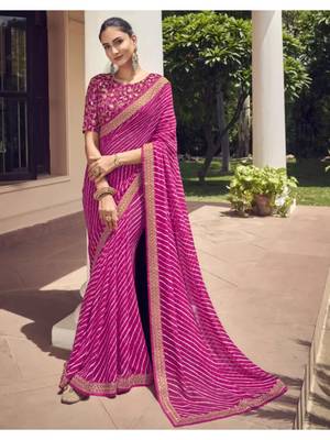 Pink Georgette Lehariya Printed Sari,Saree With Unstitched Blouse Piece 1