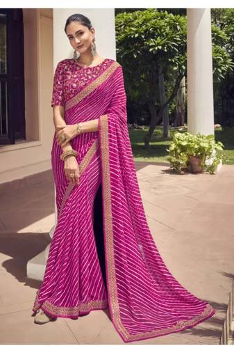 Pink Georgette Lehariya Printed Sari,Saree With Unstitched Blouse Piece