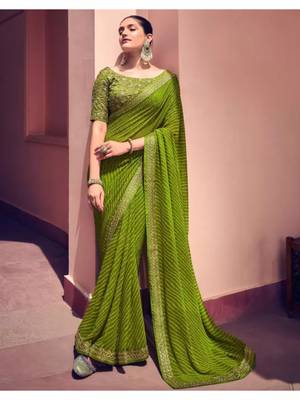 Mehendi Georgette Lehariya Printed Saree With Unstitched Blouse 1
