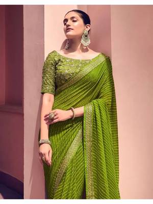 Mehendi Georgette Lehariya Printed Saree With Unstitched Blouse 2