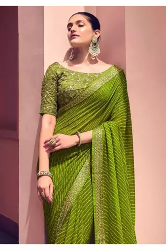 Mehendi Georgette Lehariya Printed Saree With Unstitched Blouse
