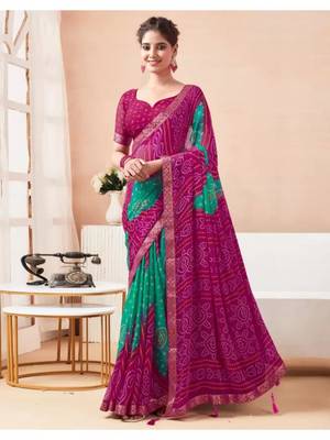 Green Chiffon Bandhej Printed Sari,Saree With Unstitched Blouse Piece 1