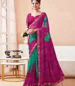 Green Chiffon Bandhej Printed Sari,Saree With Unstitched Blouse Piece