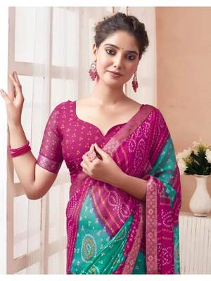Green Chiffon Bandhej Printed Sari,Saree With Unstitched Blouse Piece 2