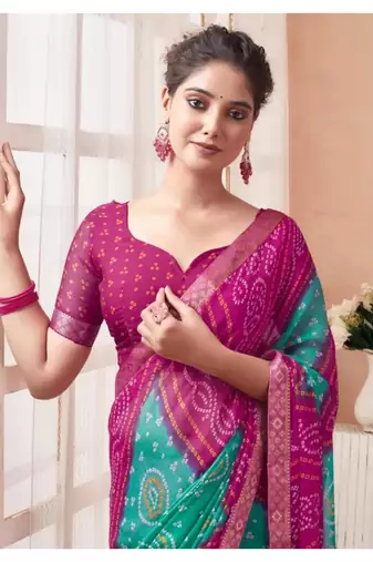 Green Chiffon Bandhej Printed Sari,Saree With Unstitched Blouse Piece