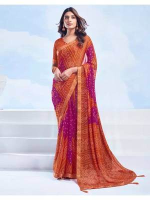 Orange Chiffon Bandhej Printed Sari,Saree With Unstitched Blouse Piece 1