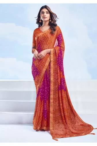 Orange Chiffon Bandhej Printed Sari,Saree With Unstitched Blouse Piece