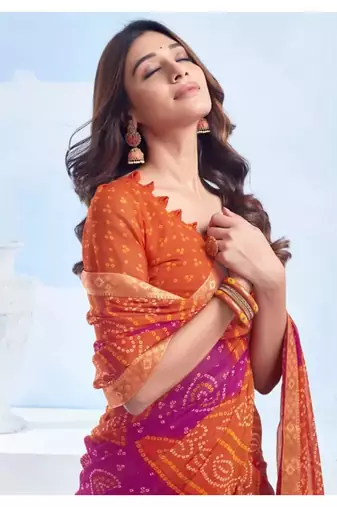 Orange Chiffon Bandhej Printed Sari,Saree With Unstitched Blouse Piece