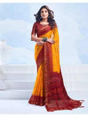 Yellow Chiffon Bandhej Printed Sari,Saree With Unstitched Blouse Piece 1