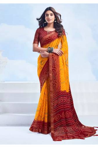 Yellow Chiffon Bandhej Printed Sari,Saree With Unstitched Blouse Piece