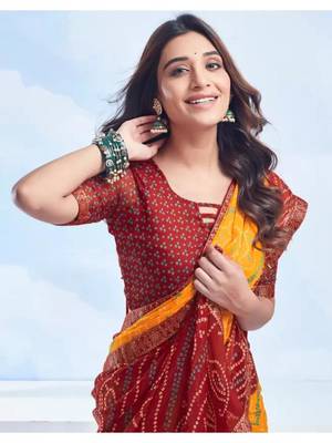 Yellow Chiffon Bandhej Printed Sari,Saree With Unstitched Blouse Piece 2