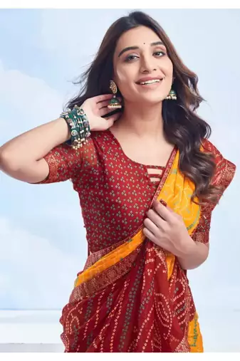 Yellow Chiffon Bandhej Printed Sari,Saree With Unstitched Blouse Piece