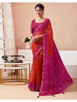 Orange Chiffon Bandhej Printed Sari,Saree With Unstitched Blouse Piece 1