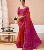 Orange Chiffon Bandhej Printed Sari,Saree With Unstitched Blouse Piece