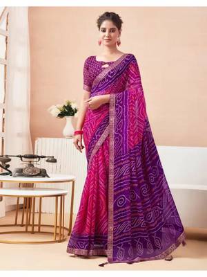 Pink Chiffon Bandhej Printed Sari,Saree With Unstitched Blouse Piece 1