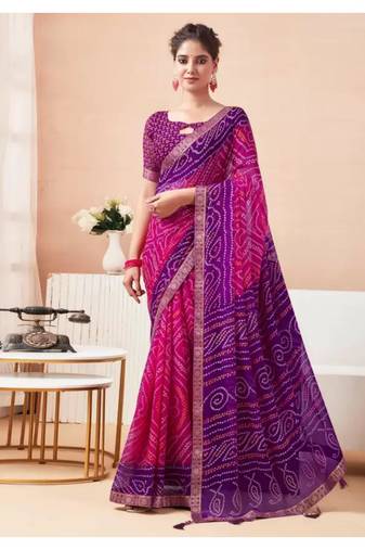 Pink Chiffon Bandhej Printed Sari,Saree With Unstitched Blouse Piece