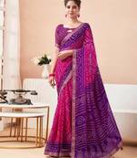 Pink Chiffon Bandhej Printed Sari,Saree With Unstitched Blouse Piece