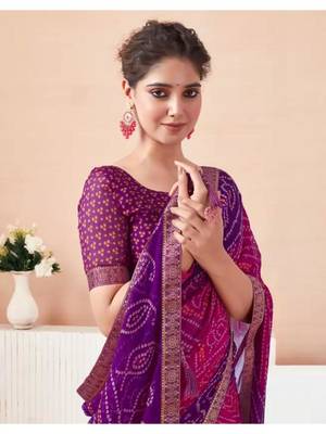 Pink Chiffon Bandhej Printed Sari,Saree With Unstitched Blouse Piece 2