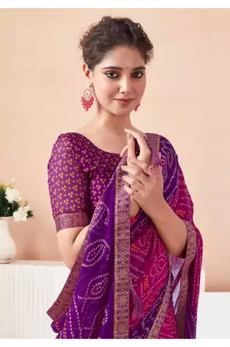 Pink Chiffon Bandhej Printed Sari,Saree With Unstitched Blouse Piece