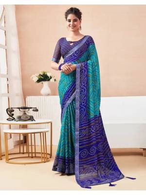 Blue Chiffon Bandhej Printed Sari,Saree With Unstitched Blouse Piece 1