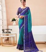 Blue Chiffon Bandhej Printed Sari,Saree With Unstitched Blouse Piece