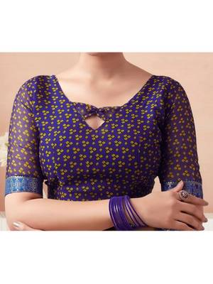 Blue Chiffon Bandhej Printed Sari,Saree With Unstitched Blouse Piece 2