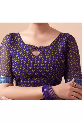 Blue Chiffon Bandhej Printed Sari,Saree With Unstitched Blouse Piece