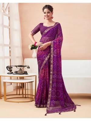 Purple Chiffon Bandhej Printed Sari,Saree With Unstitched Blouse Piece 1