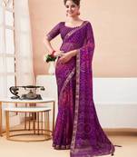 Purple Chiffon Bandhej Printed Sari,Saree With Unstitched Blouse Piece