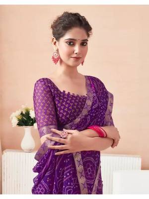 Purple Chiffon Bandhej Printed Sari,Saree With Unstitched Blouse Piece 2