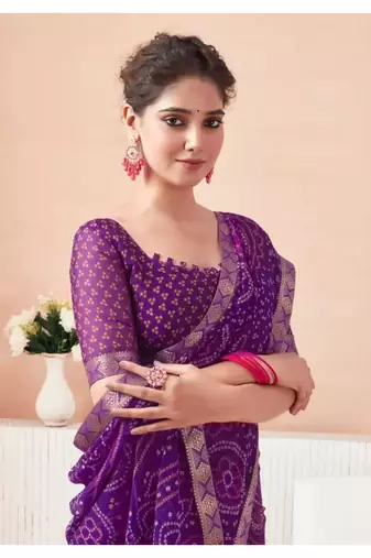 Purple Chiffon Bandhej Printed Sari,Saree With Unstitched Blouse Piece